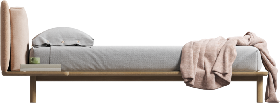 Side view of double bed with headboard