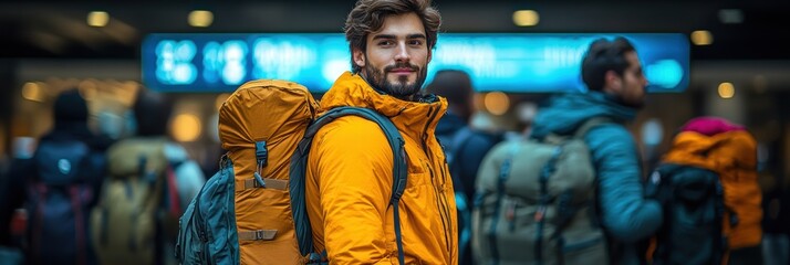 Tourists gather near airport information desk while carrying backpacks in travel preparation