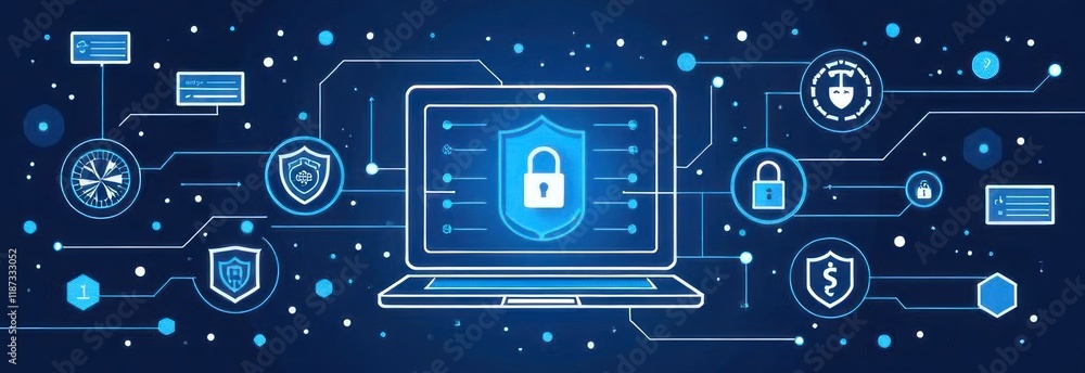 Poster laptop showing security shield icon connected to network security system