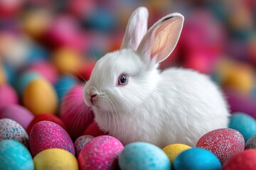 White rabbit near colorful eggs. Easter bunny with yellow red green Easter eggs on background of flowers