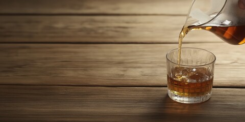 An intriguing close-up image shows a rich brown beverage being poured into a glass filled with ice cubes, inviting the viewer to enjoy a refreshing drink at any occasion.