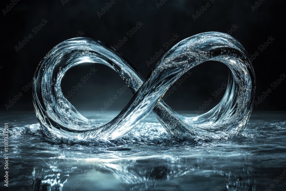 Poster water flows through a transparent infinity shape creating a stunning visual effect