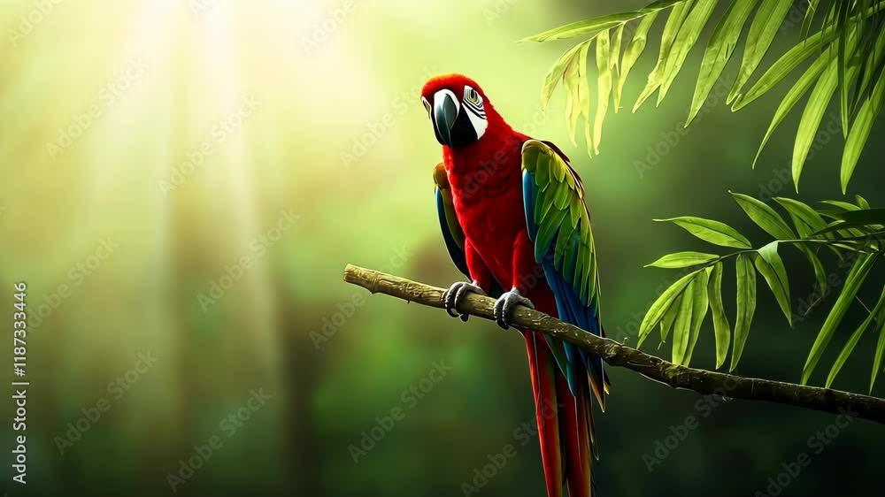 Poster colorful parrot perched on a branch in a lush forest with sunlight filtering through the trees