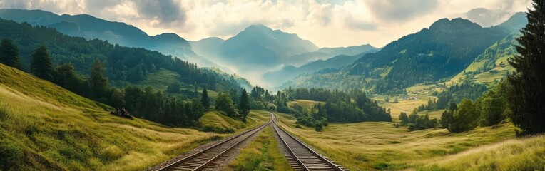 Fototapeta premium A railway stretches across a picturesque landscape, surrounded by green mountains and valleys. Soft sunlight illuminates the scene, creating a serene atmosphere during a tranquil afternoon