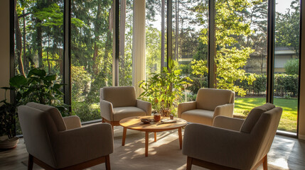 Obraz premium Bright and inviting living area features four comfortable chairs arranged around a wooden table, surrounded by large windows showcasing lush greenery outside in the afternoon light.