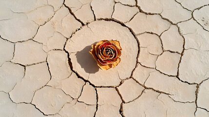 Dried rose in cracked earth.