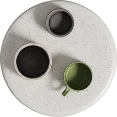 Top view of round white terrazzo coffee table