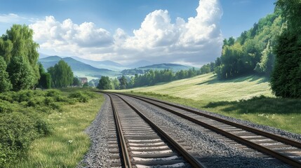 Obraz premium A serene railway stretches through a vibrant landscape filled with greenery and rolling hills, framed by majestic mountains under a bright blue sky with fluffy clouds, inviting exploration