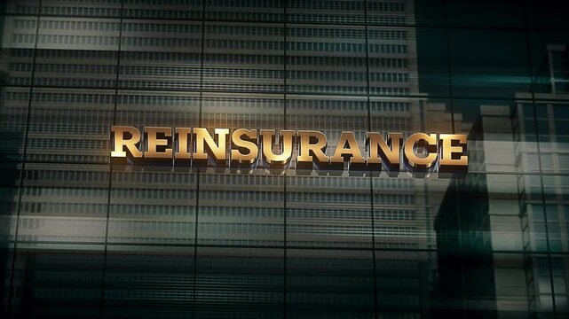 Business Finance Economic Skyscraper Glass Reflections and Golden Text Reads Reinsurance