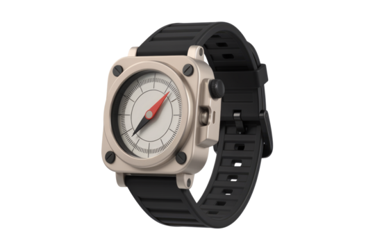 A stylish smartwatch with a compass face, featuring a beige metallic body and a black silicone strap. background removed
