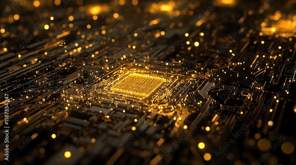 Poster intricate close-up of cpu chip with circuitry and glowing lights