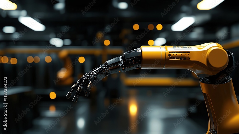 Poster a robot arm with a yellow handle is shown in a dark room