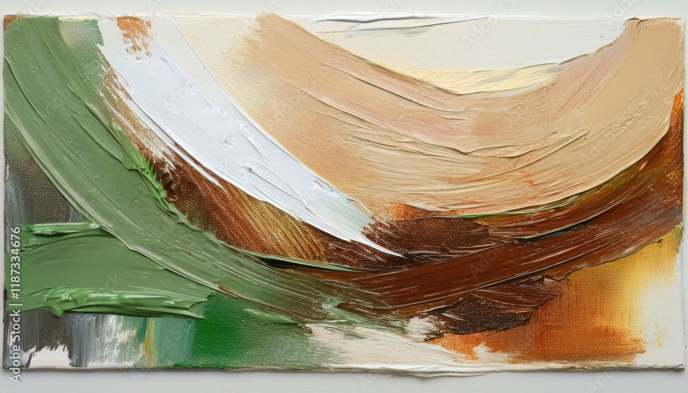 Poster dynamic abstraction brown and green brushstrokes creating a vibrant textured masterpiece on a white 