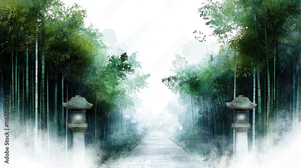 Poster a painting of a forest with two lanterns on either side of a path