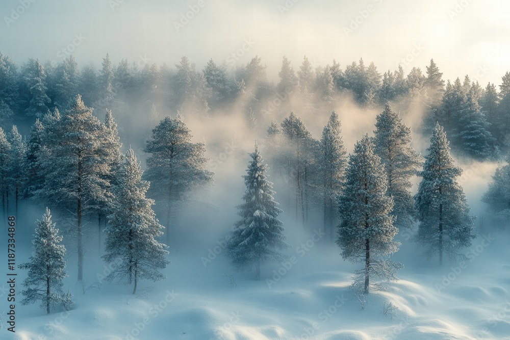 Poster winter mists wrap around snowy trees creating a serene landscape in a forest