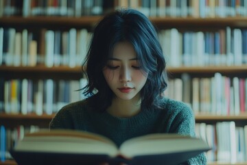 Female asian student studying and reading book in library Generative AI