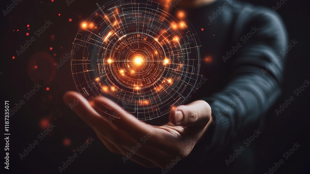 Poster man interacting with holographic led display in futuristic setting