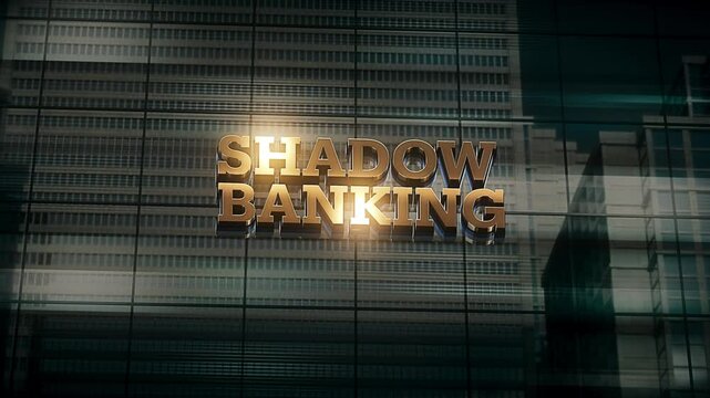 Business Finance Economic Skyscraper Glass Reflections and Golden Text Reads Shadow Banking