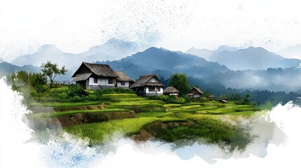 Obraz premium A painting of a rural area with houses and mountains