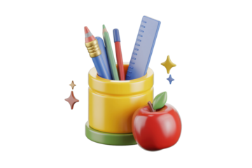 3D render of stationery in a yellow holder and a red apple, symbolizing education and learning. background removed