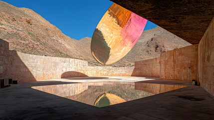 Abstract art sculpture reflected in a calm pool within a desert architectural structure.