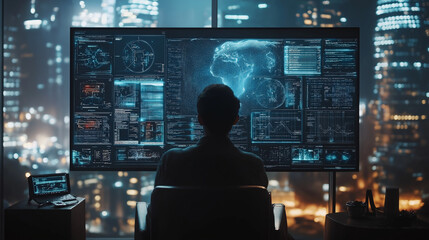 A person sits facing a large monitor displaying digital data, against a backdrop of a city skyline at night