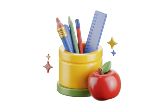 3D render of stationery in a yellow holder and a red apple, symbolizing education and learning. background removed