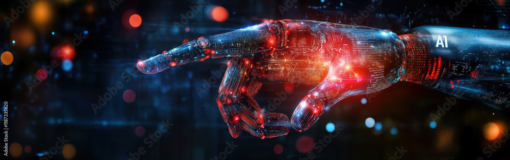 Poster robotic hand engages with big data network for artificial intelligence and machine learning innovati