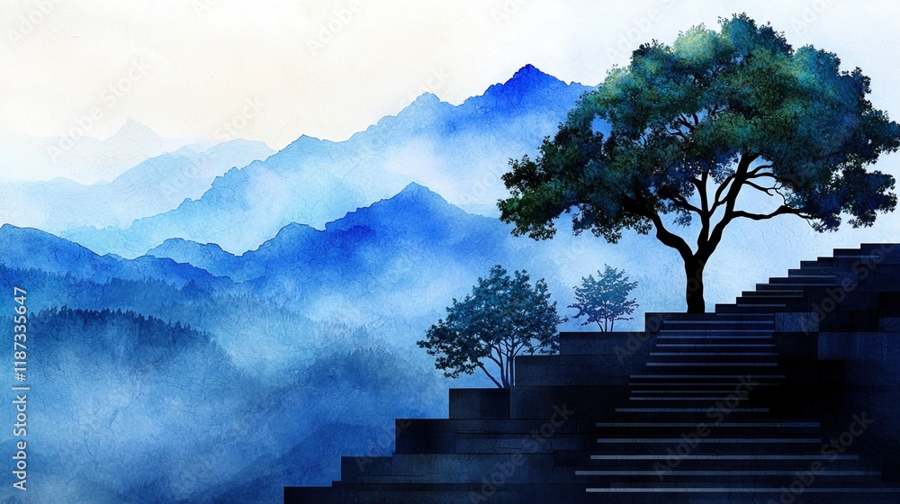 Poster a mountain range with a tree in the foreground