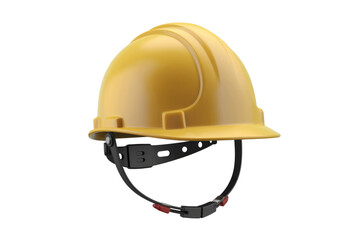 Yellow hard hat with chin strap, safety equipment for construction workers. background removed - obrazy, fototapety, plakaty