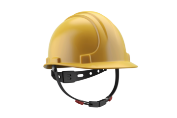 Yellow hard hat with chin strap, safety equipment for construction workers. background removed