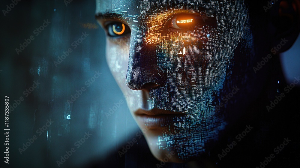 Poster humanoid robot face with ai chatbot interface technology