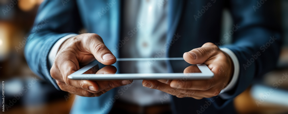 Poster businessman using digital tablet for internet browsing in office setting