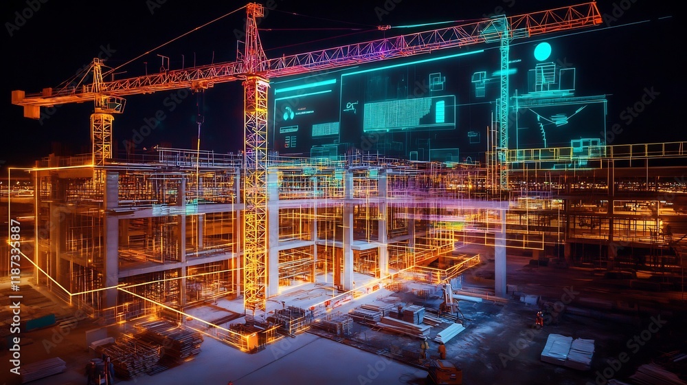 Aufkleber construction site visualized glowing cranes beams holographic overlays of progress indicators