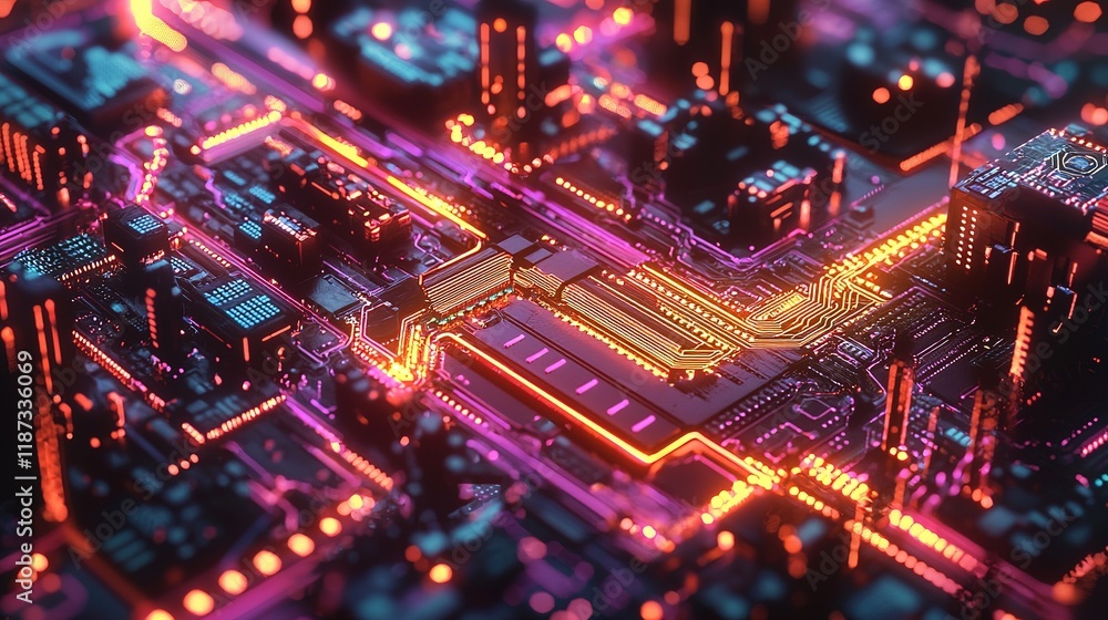 Poster futuristic blockchain network integration in a digital city landscape visualization