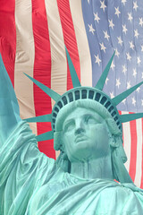 Obraz premium Head of Statue of Liberty with American flag in the background. Vertically.