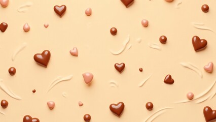 Glossy chocolate drops and heart shapes on a cream-colored background. This indulgent and sweet pattern is perfect for Valentine&rsquo;s Day desserts and packaging.