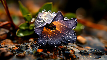 Dew-covered purple bellflower on wet rocks.