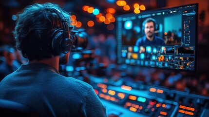 Control Room With Technician Monitoring Live Streaming Event With Multiple Screens. Generative AI