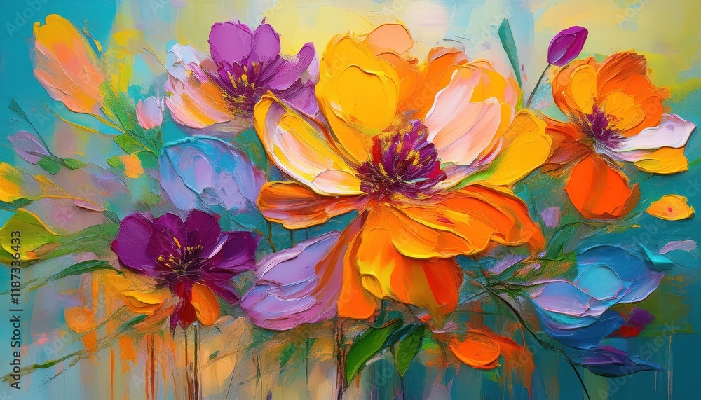 Poster vibrant abstract flowers painted with oil on canvas, showcasing a swirling pattern of color and text