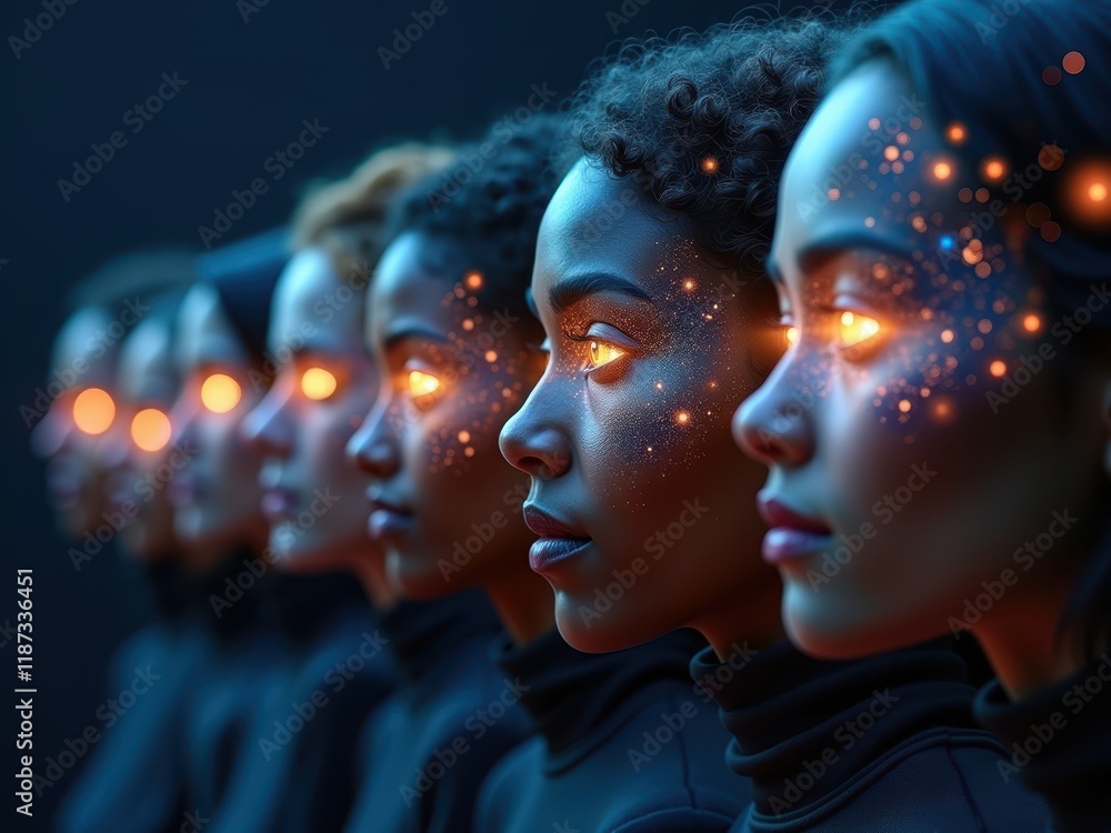 Aufkleber exploring the concept of technological singularity through diverse individuals with glowing eyes rep
