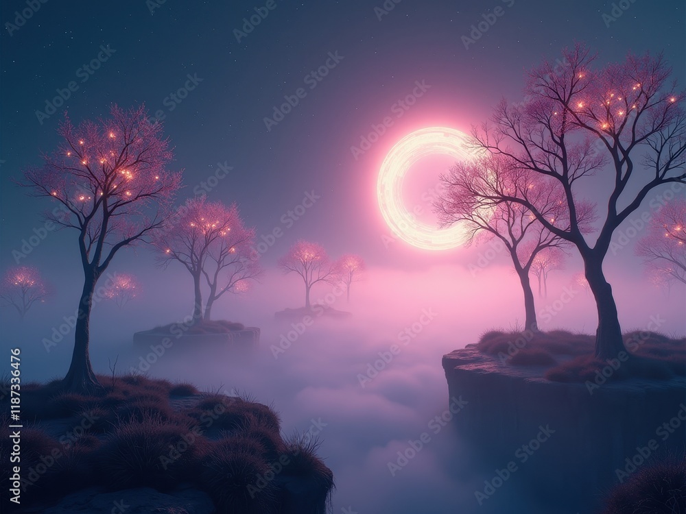 Aufkleber exploring a serene landscape illuminated by a large glowing moon with luminous trees in a mysterious