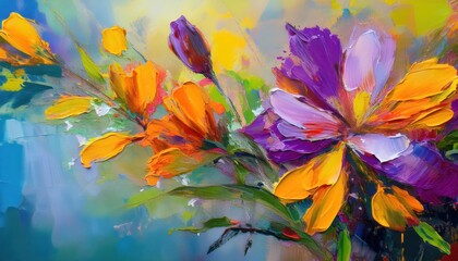 Vibrant Abstract Flower Painting on Canvas Expressive Oil Texture Showcases Rich Colors and Intricate Petal Details