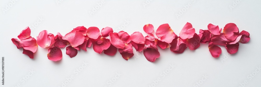 Poster delicate pink rose petals are arranged in a diagonal line on a pristine white background, creating a