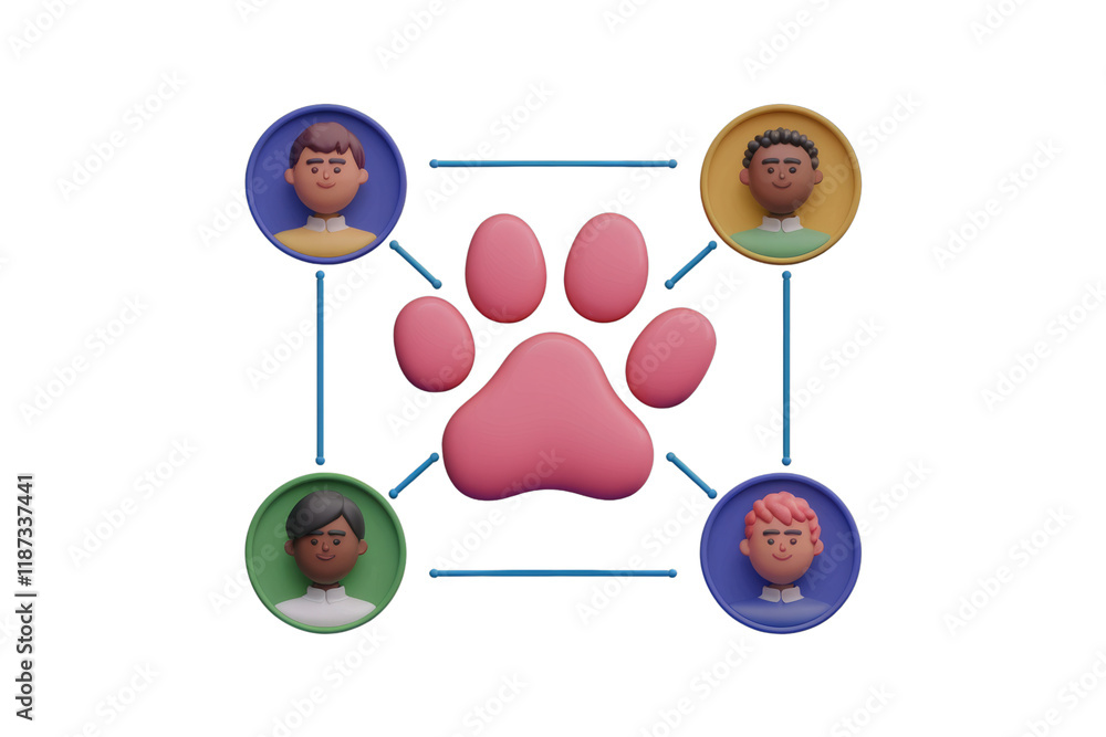 Poster 3D rendering of a pink paw print connecting four diverse avatars, symbolizing a pet-related community. background removed