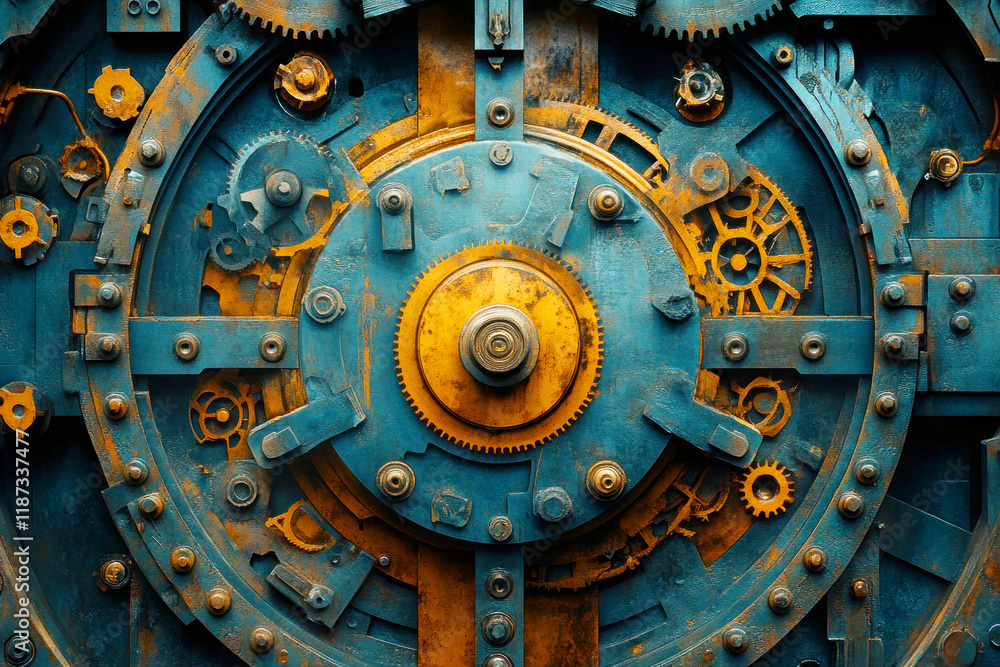 Poster intricate gears and machinery are highlighted in a vibrant steampunk background filled with rust and