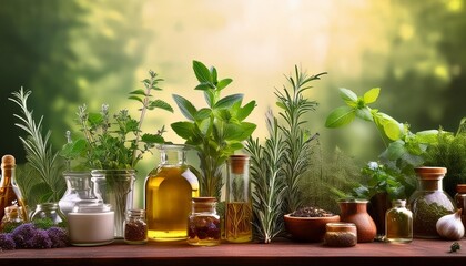 various herbs on inexperienced background