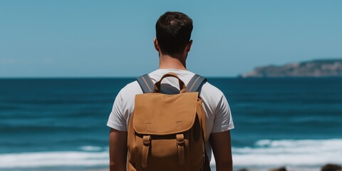 Fototapeta premium A traveler stands by the ocean, backpack on, gazing into the mesmerizing waves and horizon, reflecting on adventures and the call of the sea.
