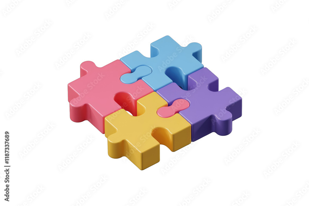 Poster Four colorful puzzle pieces interlock, symbolizing connection, teamwork, and problem-solving. background removed