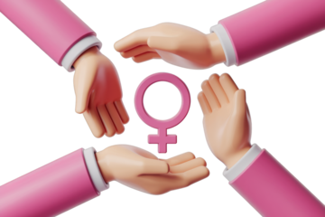 Four hands gently supporting a pink female symbol, symbolizing protection and empowerment. background removed